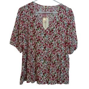 Solitaire For Anthropologie Red Ditsy Floral V-Neck Peasant Blouse Size Small